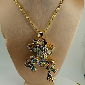 Rhinestone Chunky Colorful Frog Pendant Gold Tone 30” Chain NEW!